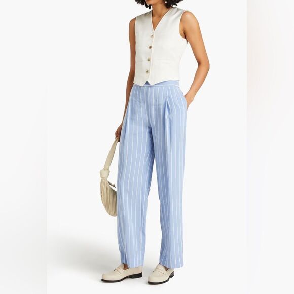 VINCE Pleated woven linen blend wide-leg pants in blue stripe - Picture 3 of 14